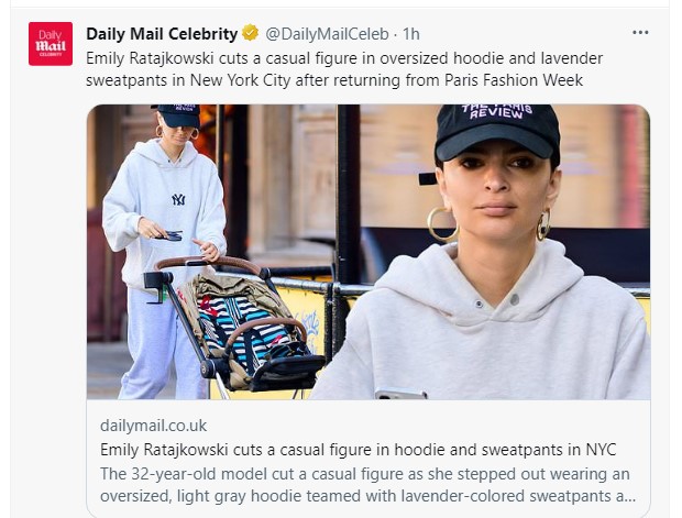 Emily Ratajkowski, fotografiada con tenida muy simple luego de participar de la Paris Fashion Week / Captura twitter.com/DailyMailCeleb