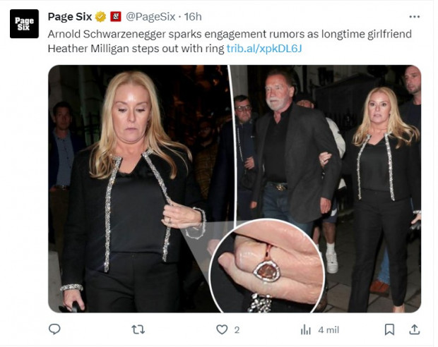 La novia de Arnold Schwarzenegger apareció llevando un anillo y disparó las especulaciones de un compromiso / Captura twitter.com/PageSix