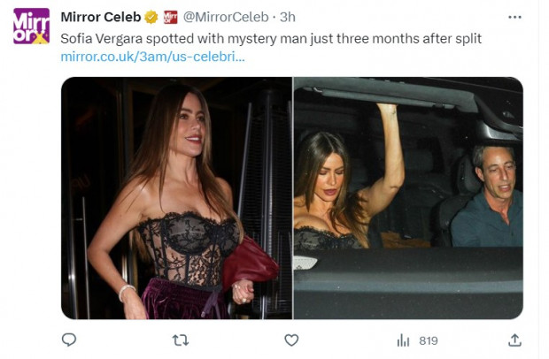 A 3 meses de divorciarse de Joe Manganiello, Sofía Vergara fue sorprendida junto a un misterioso hombre / Captura twitter.com/MirrorCeleb