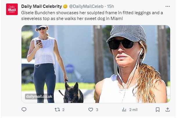 Gisele Bündchen fue captada junto a su perro en Miami y sorprendió por su aspecto / Captura twitter.com/DailyMailCeleb