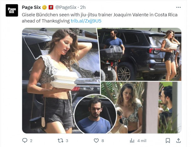 Gisele Bündchen volvió a ser fotografiada junto a su instructor y disparó las especulaciones / Captura twitter.com/PageSix