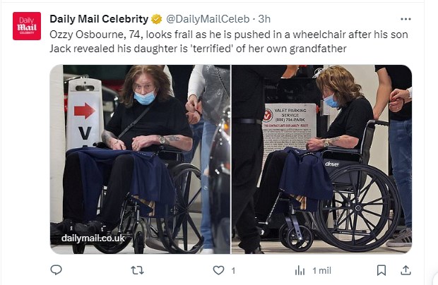 Ozzy Osbourne, captado muy frágil, necesitó de una silla de ruedas para trasladarse / Captura twitter.com/DailyMailCeleb