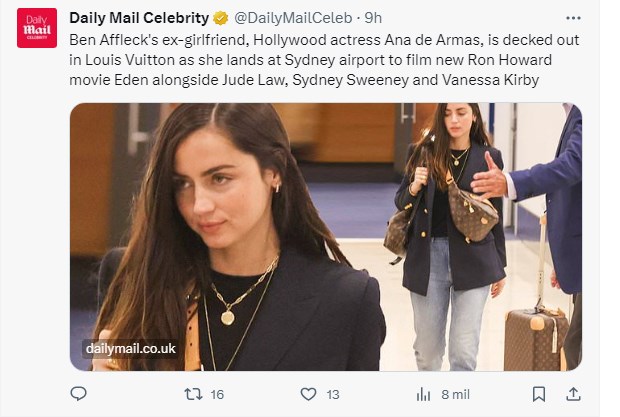 Ana de Armas, fotografiada llevando valija de Louis Vuitton avauada en más de US$ 5000 / Captura twitter.com/DailyMailCeleb
