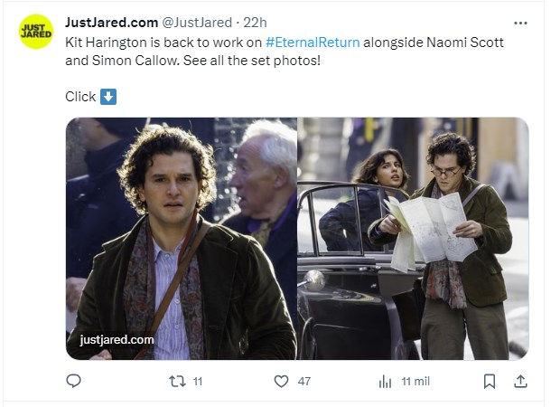 Kit Harington es fotografiado rodando nueva cinta y sorprende por su aspecto / Captura twitter.com/JustJared