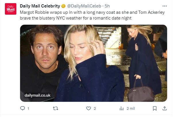 Margot Robbie deslumbró en cita romántica con su marido / Captura twitter.com/DailyMailCeleb