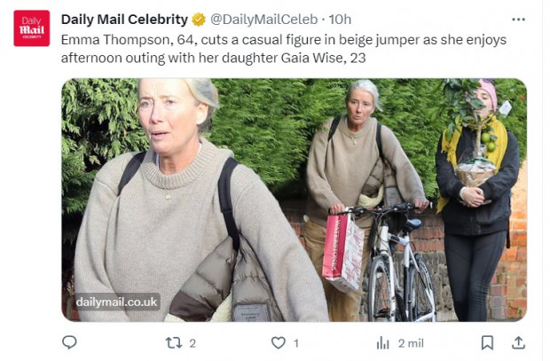 Emma Thompson, fotografiada con el look más simple posible / Captura twitter.com/DailyMailCeleb