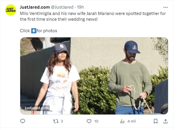Milo Ventimiglia se casó en secreto hace varios meses, y ahora fue fotografiado por primera vez junto a su esposa / Captura twitter.com/JustJared