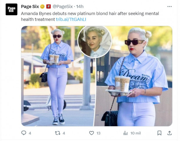 Amanda Bynes sorprendió con drástico cambio de look / Captura twitter.com/PageSix