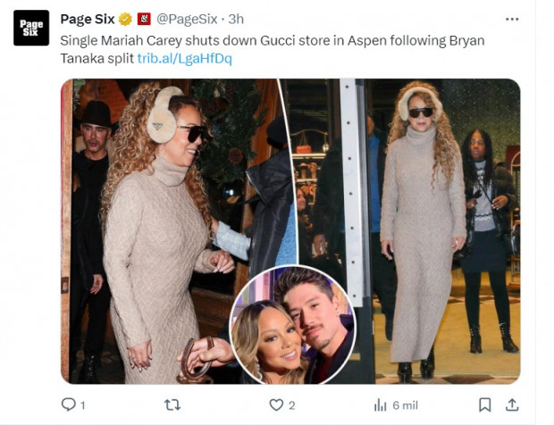 Mariah Carey sorprende por cómo se ve, tan solo días después de confirmarse la separación de Bryan Tanaka / Captura twitter.com/PageSix