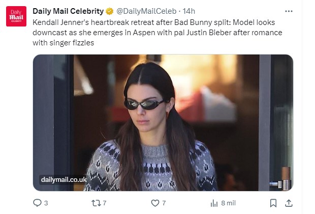 Kendall Jenner fue fotografiada con un gesto demasiado triste, y ya se especula con que se separó de Bad Bunny / Captura twitter.com/DailyMailCeleb
