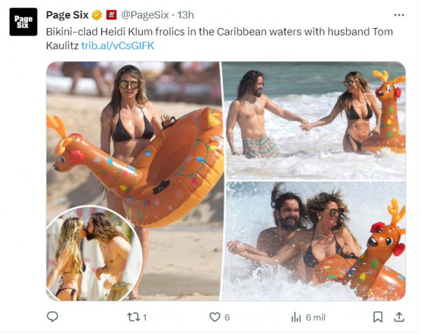 Heidi Klum, muy relajada en la playa junto a su marido / Captura twitter.com/PageSix