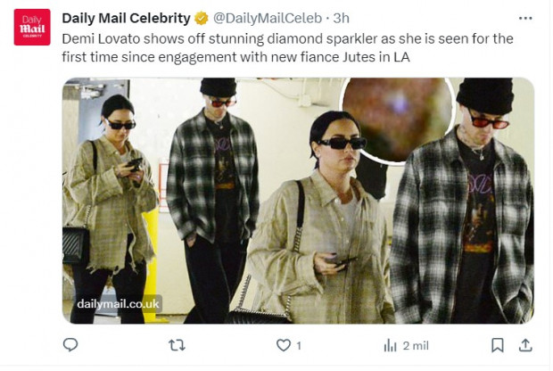 Demi Lovato, fotografiada por primera vez desde que se comprometió con el músico canadiense "Jutes" / Captura twitter.com/DailyMailCeleb