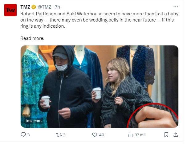 ¿Robert Pattinson y Suki Waterhouse comprometidos? Pareja fue fotografiada con este detalle y disparó las especulaciones / Captura twitter.com/TMZ