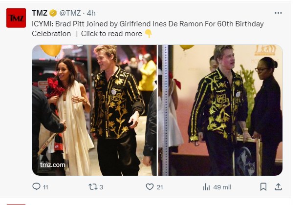Brad Pitt junto a su novia Inés de Ramón: actor celebró su cumpleaños y sorprendió con su tenida / Captura twitter.com/TMZ