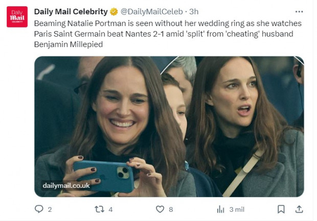 Natalie Portman, fotografiada muy divertida y sin su anillo de casada / Captura twitter.com/DailyMailCeleb