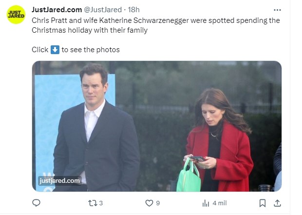 Chris Pratt y Katherine Schwarzenegger fueron fotografiados en sus vacaciones, pero un gesto se llevó todos los flashes / Captura twitter.com/JustJared