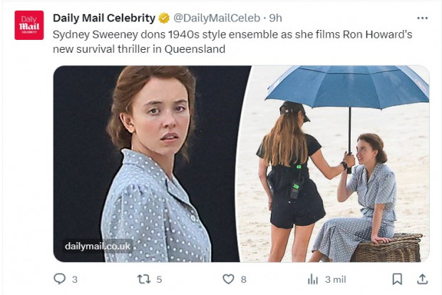 Sydney Sweeney encantó con su look en rodaje de su nueva cinta / Captura twitter.com/DailyMailCeleb