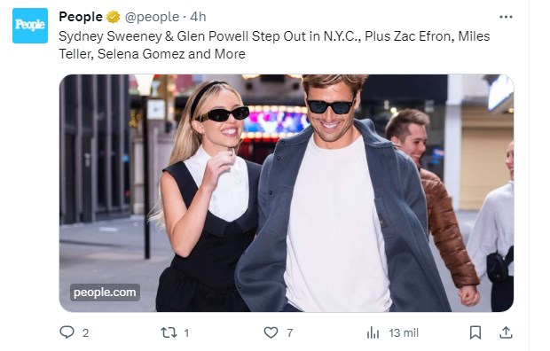 Sydney Sweeney, fotografiada junto a Glen Powell, con quien actúa en "Anything But You": ¿están juntos? / Captura twitter.com/people