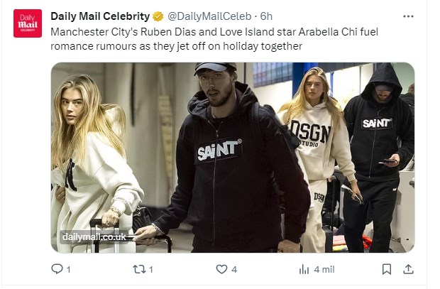Rúben Dias, estrella del Manchester City, fue fotografiado junto a modelo que había sido vinculada a Leonardo DiCaprio / Captura twitter.com/DailyMailCeleb