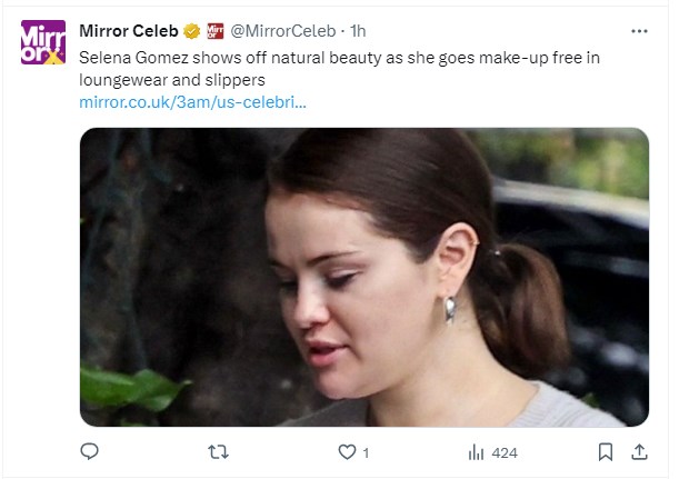 Selena Gómez, fotografiada totalmente al natural / Captura twitter.com/MirrorCeleb