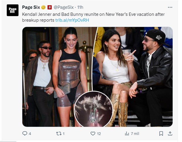 Kendall Jenner y Bad Bunny, fotografiados juntos pese a supuesta ruptura / Captura twitter.com/PageSix