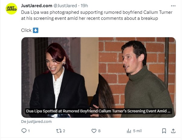 Dua Lipa fue fotografiada junto al actor Callum Turner y disparó las especulaciones de una relación / Captura twitter.com/JustJared