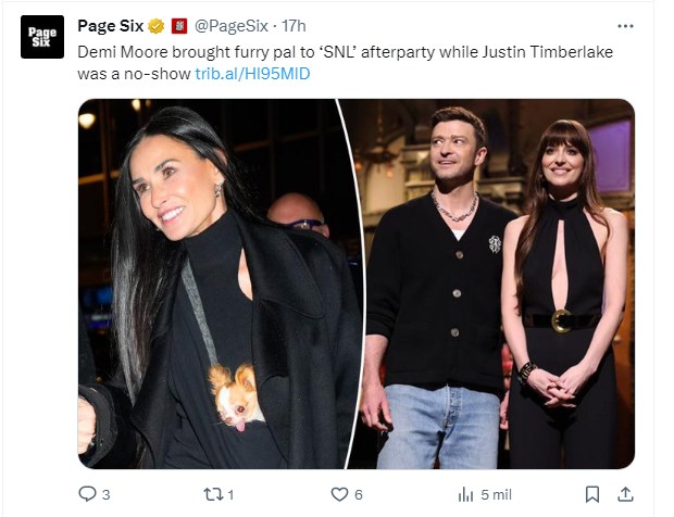 La increíble foto de Demi Moore, llevando a su perro chihuahua a una fiesta / Captura twitter.com/PageSix
