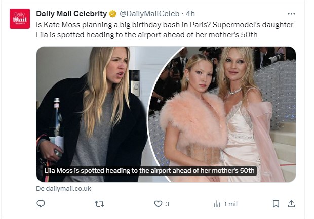 Lila Moss, hija de Kate, fue fotografiada en un aeropuerto y sorprendió por el gran parecido con su madre / Captura twitter.com/DailyMailCeleb