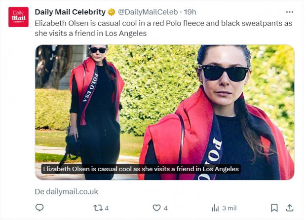 Elizabeth Olsen fue a visitar a una amiga con el look más simple posible / Captura twitter.com/DailyMailCeleb