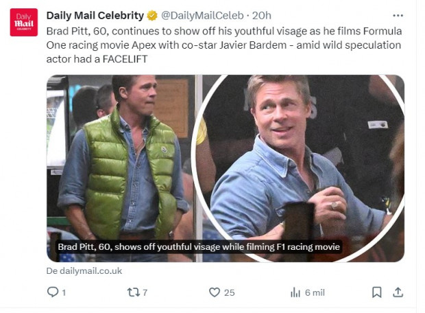 Brad Pitt, fotografiado con el aspecto juvenil de siempre, en medio de rumores de que se sometió a un estiramiento facial / Captura twitter.com/DailyMailCeleb