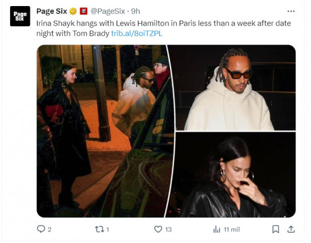 Tan solo 1 semana después de encontrarse con Tom Brady, Irina Shayk fue fotografiada junto a Lewis Hamilton / Captura twitter.com/PageSix