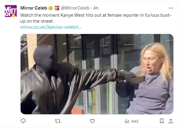 Bochorno de Kanye West: fue fotografiado cuando le pegaba a una fotógrafa en Hollywood / Captura twitter.com/MirrorCeleb