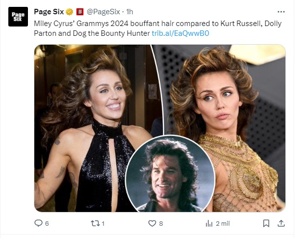 Miley Cyrus, fotografiada a la llegada a los premios Grammy, fue comparada con Kurt Russell / Captura twitter.com/PageSix