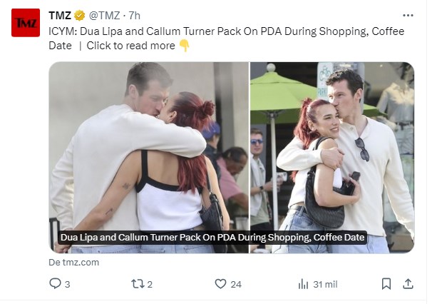 Dua Lipa es nuevamente fotografiada junto a Callum Turner: ambos lucen muy enamorados / Captura twitter.com/TMZ