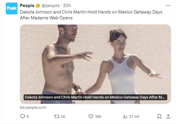 Dakota Johnson, fotografiada de la mano de Chris Martin a casi 1 semana del estreno de "Madame Web" / Captura twitter.com/people