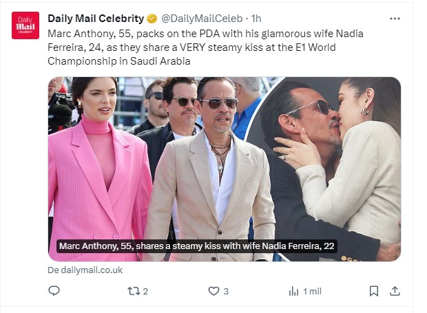 Marc Anthony, a los besos con su esposa Nadia Ferreira en Arabia Saudita / Captura twitter.com/DailyMailCeleb