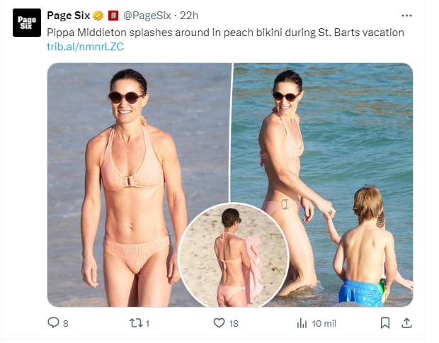 Pippa Middleton, detectada muy relajada en las playas de San Bartolomé / Captura twitter.com/PageSix