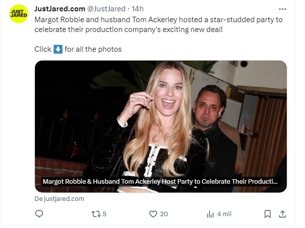 Margot Robbie, fotografiada sumamente feliz por gran logro / Captura twitter.com/JustJared