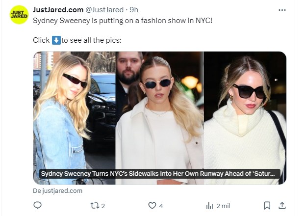 Sydney Sweeney fue fotografiada con distintos looks en Nueva York, y se convirtió en un ícono de la moda / Captura twitter.com/JustJared