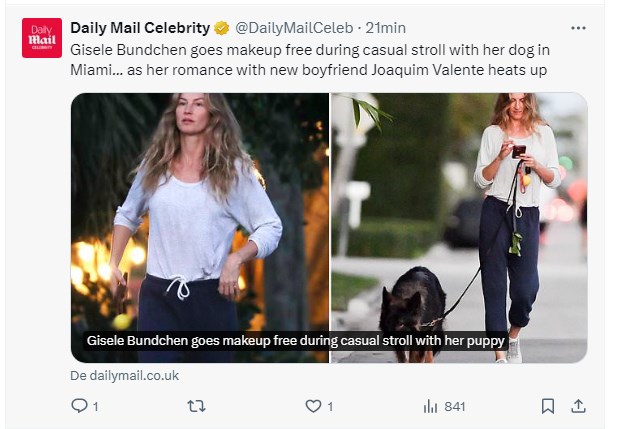 Gisele Bündchen, fotografiada sin una gota de maquillaje junto a su mascota / Captura twitter.com/DailyMailCeleb