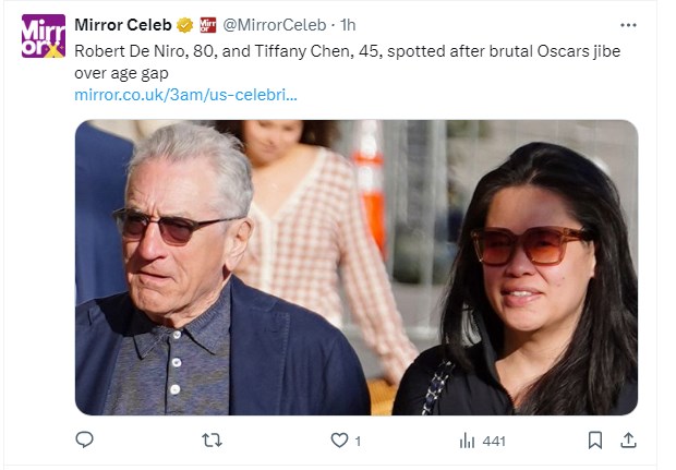 Robert De Niro, fotografiado junto a Tiffany Chen; esta salida ocurre tras recibir pesada broma de Jimmy Kimmel relacionada a la diferencia de edad / Captura twitter.com/MirrorCeleb