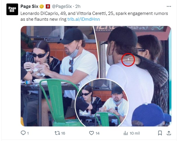Novia de Leonardo DiCaprio fue fotografiada llevando un anillo y disparó las especulaciones de compromiso / Captura twitter.com/PageSix