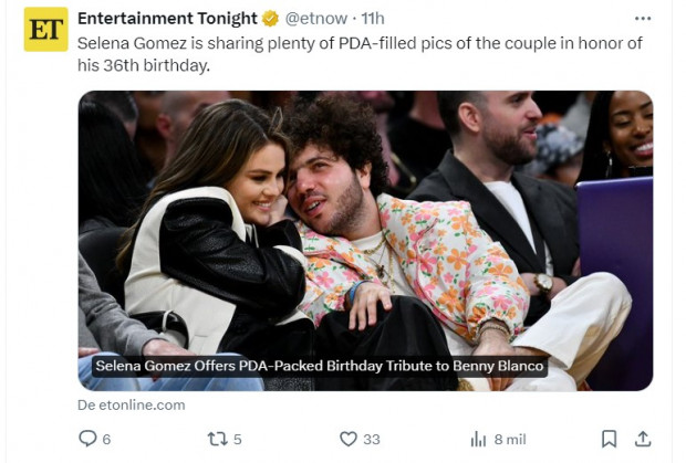 Selena Gomez, muy cariñosa con Benny Blanco en su cumpleaños / Captura twitter.com/etnow