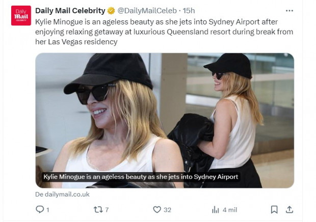 Kylie Minogue, otra celebridad que parece no envejecer / Captura twitter.com/DailyMailCeleb