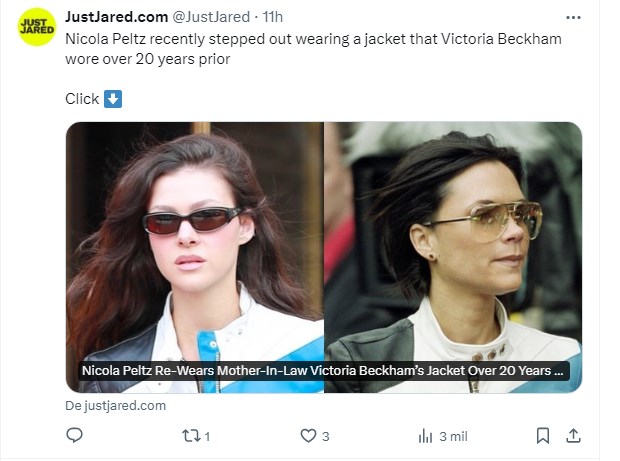 Nicola Peltz usó la misma chaqueta que Victoria Beckham se había puesto hace más de 20 años / Captura twitter.com/JustJared