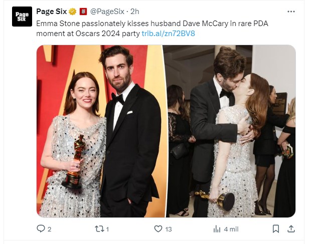 Emma Stone, sorprendida en íntimo momento con su marido en medio de los Óscar / Captura twitter.com/PageSix