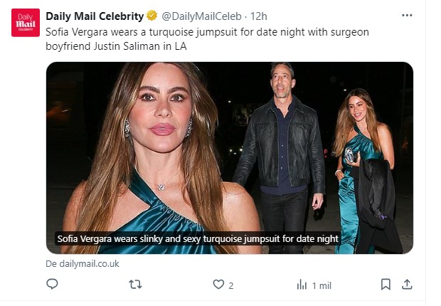 Sofía Vergara deslumbró con este look para una cita con Justin Saliman / Captura twitter.com/DailyMailCeleb