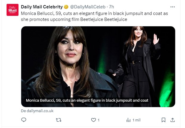 Monica Bellucci impactó con máxima elegancia en presentación de su nueva cinta / Captura twitter.com/DailyMailCeleb