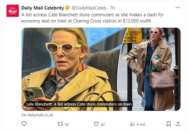 Cate Blanchett sorprendió al viajar en clase económica con un atuendo de US$ 12 mil / Captura twitter.com/DailyMailCeleb