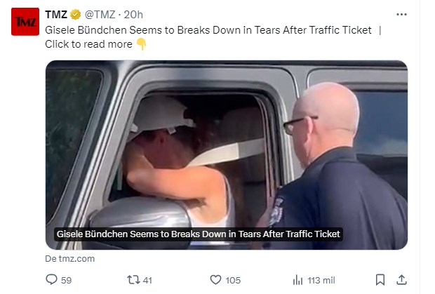 Gisele Bündchen entra en llanto en medio de confuso episodio en conrol policial / Captura twitter.com/TMZ